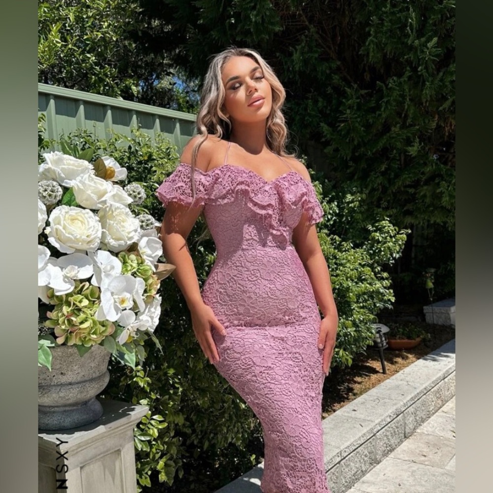 SHEIN SXY Off Shoulder Ruffle Trim Pink Lace Bodycon Dress NWT